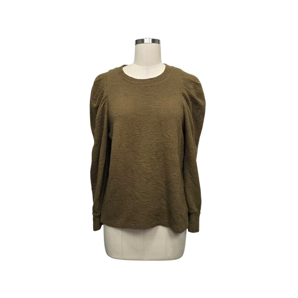 Madewell Womens Puff Shoulder Textured Waffle Knit Top Olive Brown Size Medium